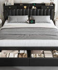 Heavy Duty Black King Size Platform Bed Frame With Padded Headboard And Four Slide Out Storage Drawers Plus Hidden Side Shelves Solid Wood Design For Straight Up Bedroom Comfort with organized drawers.