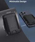 MagSafe Wallet For iPhone 17 Through 12 Series With 7 Card Slots RFID Blocking Vegan Leather Minimalist Slim Design 4200g Magnetic Hold Case Friendly 1 Slot Black shown with dimensions next to iPhone.