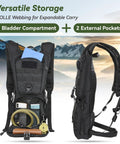 Open Tactical MOLLE Hydration Pack Backpack With 3L TPU Water Bladder showcasing internal compartments and two external pockets.