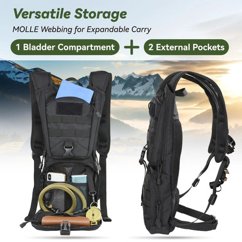 Open Tactical MOLLE Hydration Pack Backpack With 3L TPU Water Bladder showcasing internal compartments and two external pockets.