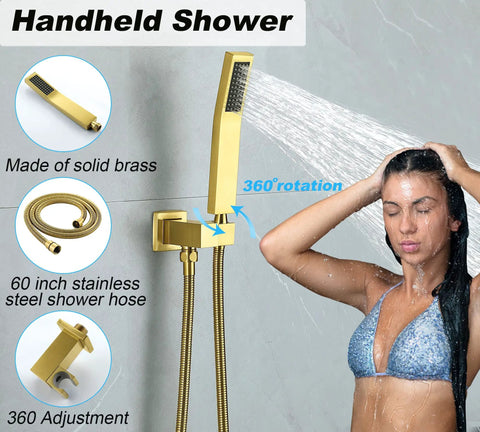 Woman using Brushed Gold Shower System With 10 Inch Rain Head High Pressure Faucet Set All Metal Shower Fixture Complete Kit For Bathroom And Tub Includes 60 Inch Hose 16 Inch Arm Handheld Shower Holder And Solid Brass Mixer Valve spray