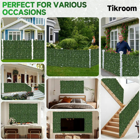 Collage of spaces enhanced by Artificial Ivy Fence Privacy Screen 120x40 Inches UV Resistant Dense Faux Greenery Backdrop.