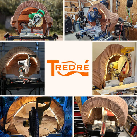 Miter Saw Dust Hood With Led Light And Universal Fit For 10 And 12 Inch Saws, Storage Bag Included, Powerful Dust Containment With 4 Inch Vacuum Port For Garage And Workshop Cleanup covering multiple miter saws in a workshop setting, showing LED lights and vacuum port.