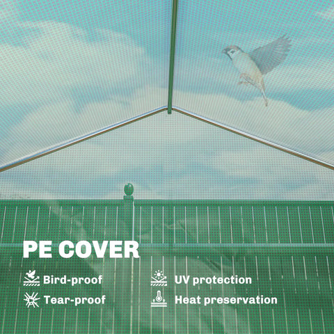 Walk In Tunnel Greenhouse With Shelves And Mesh Door showing PE cover benefits like bird-proof and UV protection.