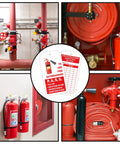 Fire Extinguisher Tags With Adjustable Wire Ties And Red 6 Inch Zip Ties Set Of 160 Monthly Inspection Record Tags For Indoor Outdoor 4.2 X 2.1 Inch Designed For Easy Installation And Reliable Safety Compliance displayed next to various fire extinguisher stations in a building.