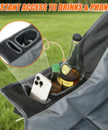 Heavy Duty Camping Chair With Canopy Shade and umbrella cup holder showing phone and bottle storage.