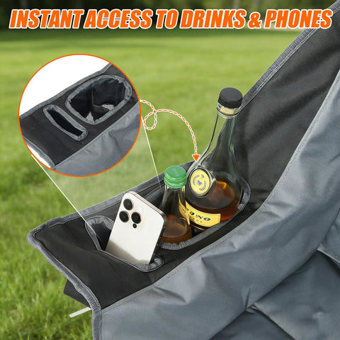 Heavy Duty Camping Chair With Canopy Shade and umbrella cup holder showing phone and bottle storage.