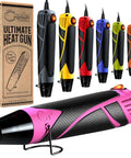 Mini Dual Temp Heat Gun for Crafting with pink and black design, variable speed and heat, with other color options on display.