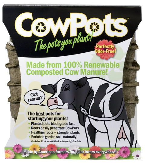Packaging for 102 Square 4 Inch Seedling Pots Brown 12 Pack Root Friendly Plantable Pots made from cow manure with cow illustration