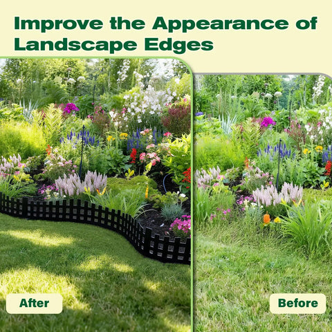 Before and after garden with No Dig Landscape Edging Kit 50 Feet Flexible Plastic Lawn Border With 80 Spikes