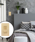 Gold 3 Way Decorator Paddle Light Switch DIY Friendly Single Pole Or Three Way, shown installed in modern bedroom setting.