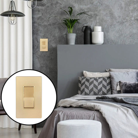 Gold 3 Way Decorator Paddle Light Switch DIY Friendly Single Pole Or Three Way, shown installed in modern bedroom setting.