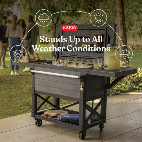 89.8 Qt Portable Outdoor Beverage Cooler Cart with Swivel Wheels Folding Top Lid Shelves and Built-In Bottle Opener in Graphite at a patio party