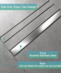 Close-up of 36 Inch Linear Shower Drain With Flange Hair Catcher For Tiled Inserts In SUS 304 Stainless Steel, showing brushed finish.