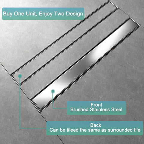 Close-up of 36 Inch Linear Shower Drain With Flange Hair Catcher For Tiled Inserts In SUS 304 Stainless Steel, showing brushed finish.