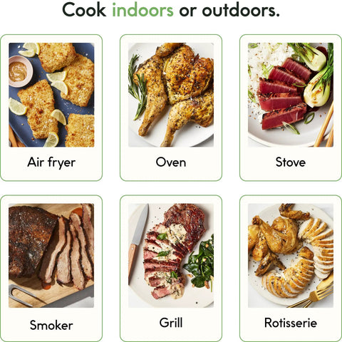 Sense Smart Wireless Meat Thermometer With Ultra Thin Probe And Unlimited Bluetooth Range For Remote Monitoring On BBQ Grill Oven Smoker And Air Fryer with various dishes including air fryer, oven, stove, smoker, grill, rotisserie