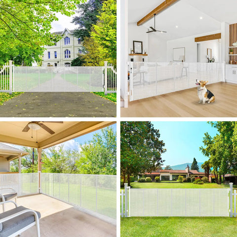 Heavy Duty Retractable Baby Gate And Dog Barrier With Slick Glide Action Covers Hella Wide Openings For Garages Driveways Living Rooms Provides No Fuss Everyday Safety In White across various settings including home and yard