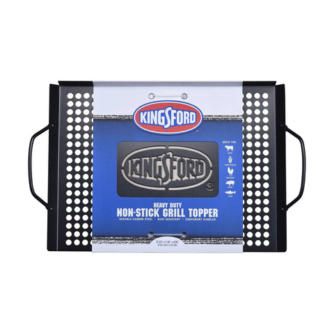 Nonstick Grill Topper Pan With Handles, Heavy Duty Carbon Steel BBQ Grilling Tray packaging, perforated surface visible