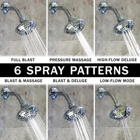 Six Function Luxury Shower Head with High Pressure Boost Anti Clog Nozzles, showing six spray modes in chrome finish