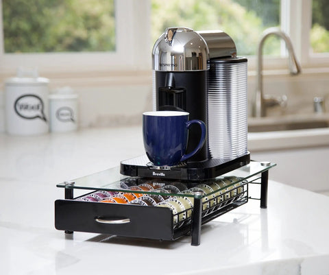 Vertuoline Coffee Pod Holder With Tempered Glass Drawer Deluxe Size Holds Up To 40 Pods For VertuoLine Capsules on counter.