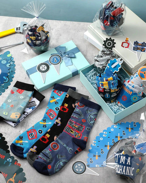 Twelve Pairs Men's Mechanic Socks Gift Set With Dope Cupcake And Gear Patterns, assorted colorful wrench-themed socks displayed in packaging.
