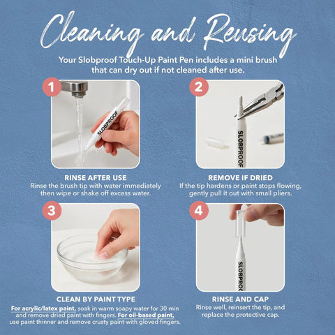 Steps for cleaning and reusing Slobproof Refillable Touch Up Paint Pen For Mess Free Repairs Reusable Wall Color Matcher.