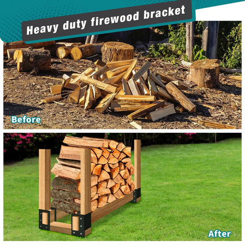 Firewood Log Storage Rack Bracket 4 Pack For Indoor And Outdoor Use Heavy Duty Powder Coated Steel Holder With Wood Screws Adjustable Fireplace Wood Storage Rack For Patio And Home Built To Last, showing before and after wood stacking.