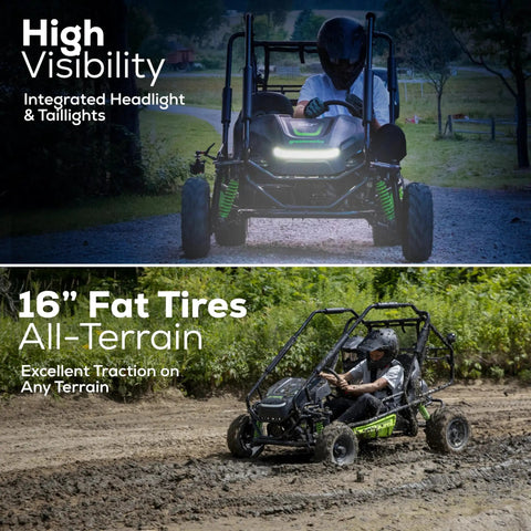 Front and side view of 60V Gen 2 Stealth Series All Terrain Two Seat Electric Go Kart for Teens and Youth, integrated headlights, fat tires