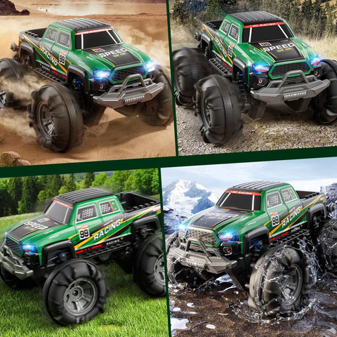All Terrain Amphibious Remote Control Monster Truck for Kids Ages Six to Twelve with Spray and LED Lights driving over various terrains
