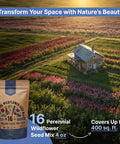 All Season Perennial Wildflower Seeds Mix For Indoor And Outdoor Planting With 16 Varieties And 100000 Seeds Non GMO Heirloom Garden Seeds 4oz Pack To Attract Bees Butterflies And Birds And Keep Your Yard Buzzing next to vibrant blooming field with farmhouse