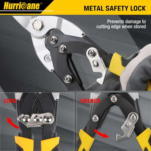 10 Inch Aviation Tin Snips With High Leverage Dual Pivot Cr-Mo Cutters featuring metal safety lock for protection
