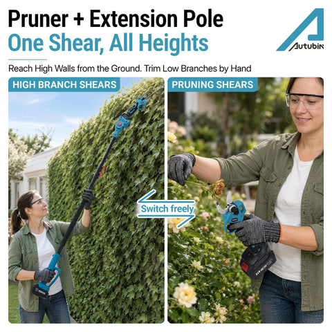 4 In 1 Cordless Pole Saw And Precision Pruner Combo 16 Foot Telescopic Reach Dual Power Package. User trimming with shears and pole.