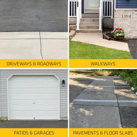 Image showing driveways, walkways, patios, and pavements highlighting application areas for Hybrid Self Leveling Sealant Black For Concrete Asphalt Brick Stone And Masonry, UV Stable Eco Friendly Tack Free In One Hour, Fills Cracks And Gaps Up To One Inch, Easy Application With Standard Caulking Gun, Weather Resistant High Bond.