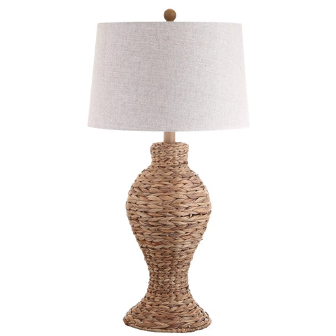 Natural Woven Water Hyacinth Table Lamp 31 Inch for Living Room Coastal Farmhouse Urn Base with Gray Linen Drum Shade LED Bulb Included Great for Bedroom Nightstand Vibe