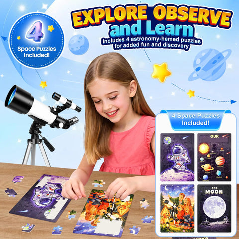 70mm Astronomical Telescope For Kids And Beginners With Space Puzzles Easy Setup And Fully Multi Coated Optics For Bright Clear Views Durable Tripod And Kid Friendly Fun Night Sky Exploration Starter Kit For Family Stargazing. Girl assembling astronomy puzzles beside 70mm telescope.