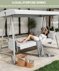 Oversized Outdoor Porch Swing With Adjustable Backrest And Canopy 2 In 1 Swing Bed, woman relaxing on patio with cushions.