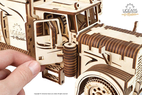 Mechanical 3D Wooden Puzzle Heavy Boy Truck VM-03 Model Kit For Adults And Teens, cab close-up, laser-cut plywood