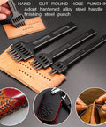Pro Grade Three Piece Leather Stitching Chisel Set With Four Millimeter Diamond Prongs on leather project.