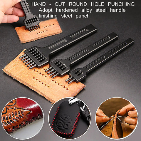 Pro Grade Three Piece Leather Stitching Chisel Set With Four Millimeter Diamond Prongs on leather project.