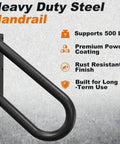 Heavy Duty Steel handrail with matte black finish, supports 500 lbs, ideal for Compact U Shaped Pipe Grab Handle Wall Mount For 1 To 2 Steps.