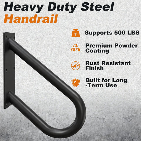 Heavy Duty Steel handrail with matte black finish, supports 500 lbs, ideal for Compact U Shaped Pipe Grab Handle Wall Mount For 1 To 2 Steps.