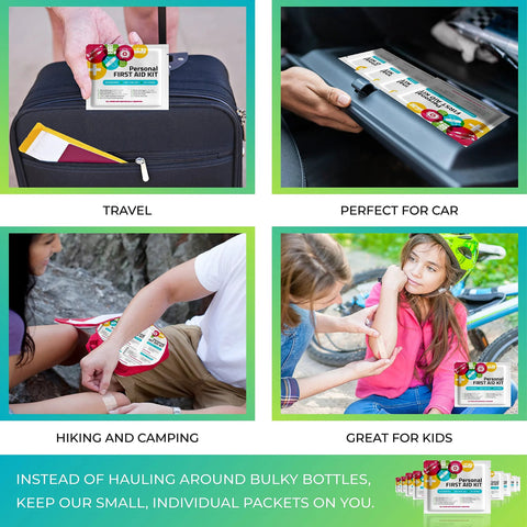 First Aid Emergency Medical Kit Mini Travel Size by Amazon; compact multicolor wound-care kit shown for travel, car, hiking, kids.