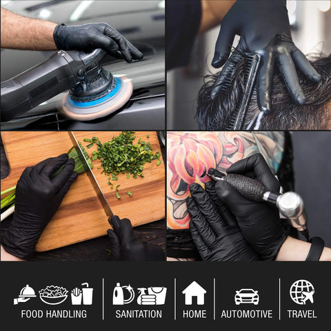 Black Nitrile Disposable Gloves, 3 Boxes of 100, Small Size, 5 Mil Thickness, used in various tasks including food prep and tattooing.
