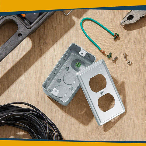 Four Metal Electrical Boxes Kit With Exposed Work Covers, Ground Wires And Screws, Deep One And A Half Inches, 21 Cubic Inches Capacity, Half Inch Knockouts, Galvanized Junction Boxes For Wall Outlets And Switches, open box with cover