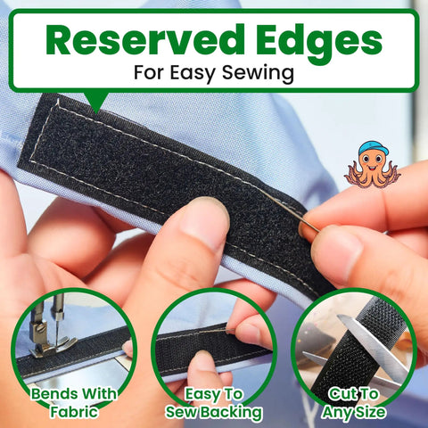 Heavy Duty Sew On Hook And Loop Tape For Fabric 3 4 Inch By 33 Feet Black showing reserved edges for easy sewing on a fabric.