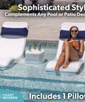 Waterproof Outdoor Lounge Chair Pillow With Strap, Headrest Cushion For Pool Lounger And Patio Chaise, Navy shown on loungers
