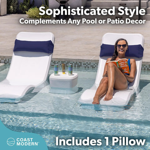 Waterproof Outdoor Lounge Chair Pillow With Strap, Headrest Cushion For Pool Lounger And Patio Chaise, Navy shown on loungers