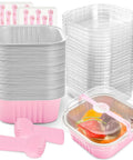 Heavy Duty Square Aluminum Foil Cake Pans 50 Pack Hot Pink 10oz with lids, reusable forks, perfect for baking and food storage.