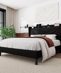 Queen Size Upholstered Bed Frame With Built In Charging Station, Black Linen Platform Bed Featuring Spacious Wingback Storage Headboard.