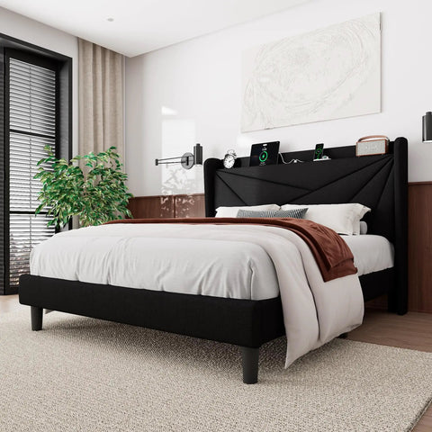 Queen Size Upholstered Bed Frame With Built In Charging Station, Black Linen Platform Bed Featuring Spacious Wingback Storage Headboard.